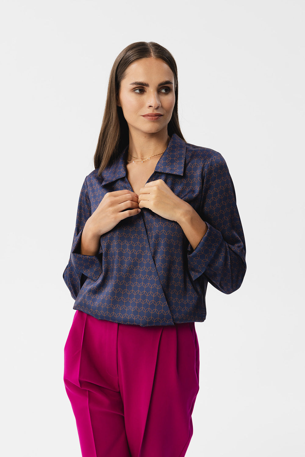 Envelope-Cut Elegant Blouse - Grey/Navy Blue