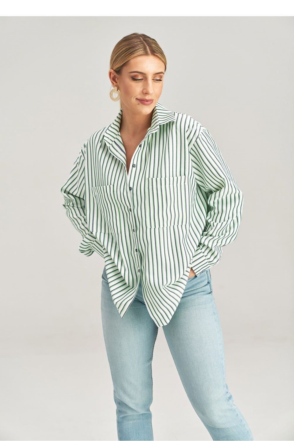 Loose Striped Shirt - White/Green