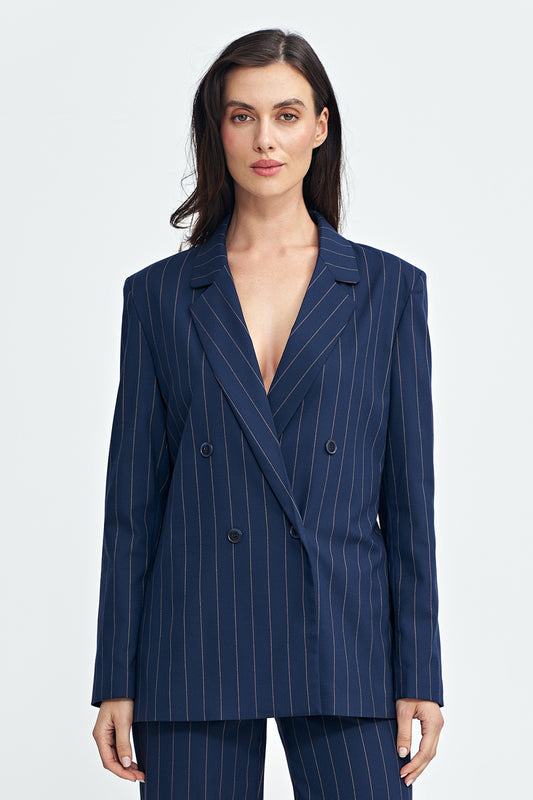 Oversized Cut Striped Blazer - Blue