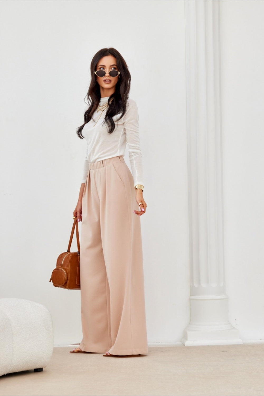 High Waist Trousers - Beige/Pink