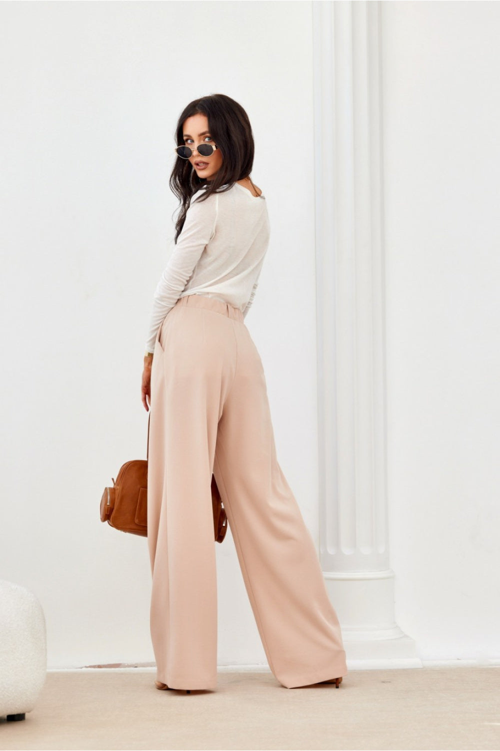 High Waist Trousers - Beige/Pink